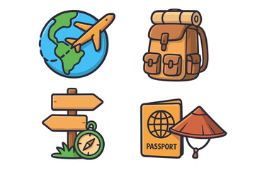 Adventure travel exploration cartoon vector icons. Globe airplane, hiking backpack, direction sign, compass, passport, Asian conical hat. Journey, tourism, culture symbols for vacation destinations.