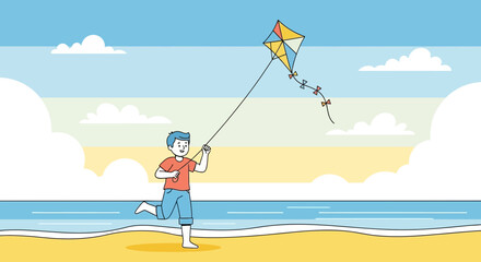 Boy Running With Kite on Sandy Beach On Sunny Day Illustration Design