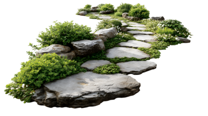 A garden path made of irregularly shaped natural stones, disappearing around a corner towards a home, isolated on a Transparent background