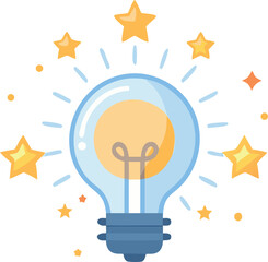 Illuminated light bulb with a glowing yellow center radiates stars and light rays on white