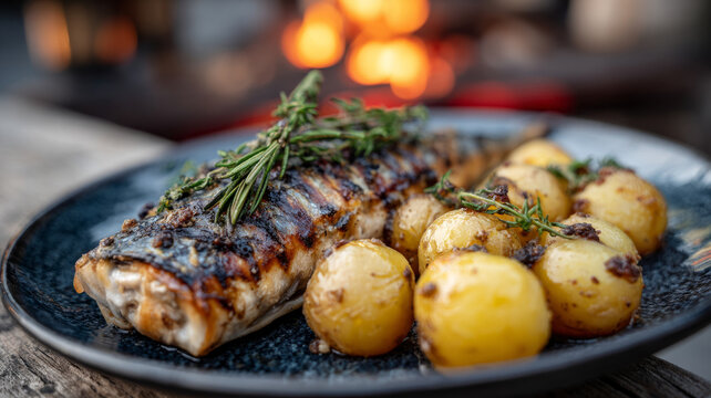 Grilled mackerel with roasted potatoes on a plate near fire.
