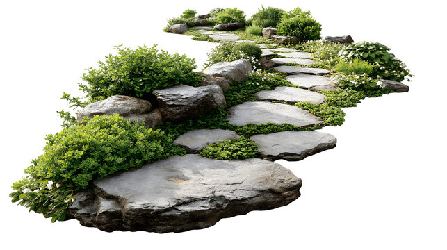 A garden path made of irregularly shaped natural stones, disappearing around a corner towards a home, isolated on a Transparent background