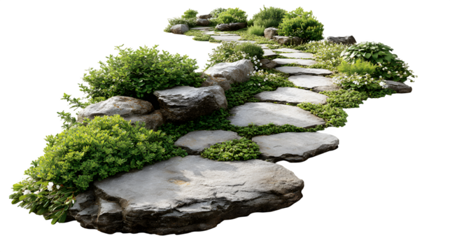 A garden path made of irregularly shaped natural stones, disappearing around a corner towards a home, isolated on a Transparent background - Powered by Adobe