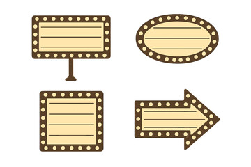 Vintage retro marquee sign vector set, illuminated blank lightbox signs, glowing border lights, retro cinema theater signboard collection, square oval arrow shape, editable template background