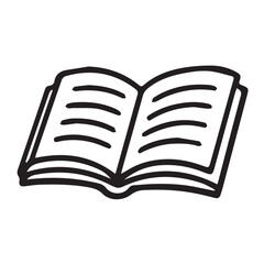 Minimalist vector illustration of an open book in black and white style, outlined with bold black lines for clean appearance.

