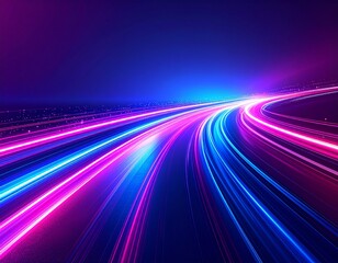 Fototapeta premium Panoramic high-speed technology concept, dynamic light abstract background. Fast motion on road, vibrant neon blue, purple glow. Abstract futuristic website, application design, gaming template, compu
