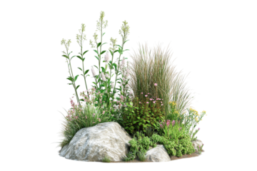 Natural rock and plant arrangement isolated on transparent background