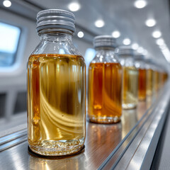 Line of glass bottles filled with liquid on a production line.