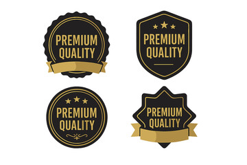 Premium quality badge collection, luxury gold labels, elegant guarantee stamp set, VIP certification emblem, award symbols, exclusive premium product seal, vector illustration transparent background