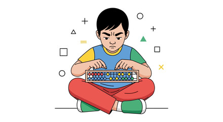Boy Concentrating Doing Math Exercises Using Abacus With Mathematical Symbols