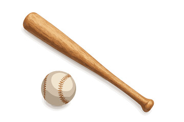 Realistic wooden baseball bat and ball vector illustration. Isolated sports equipment on white background. Classic wood bat, detailed leather baseball, game, recreation, competition, teamwork concept.