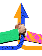 Bold colorful poster of two arms in colorful suits clasped in strong handshake with upward arrow. Concept of partnership, unity, leadership, tech branding, motivation, and symbolic team visuals.