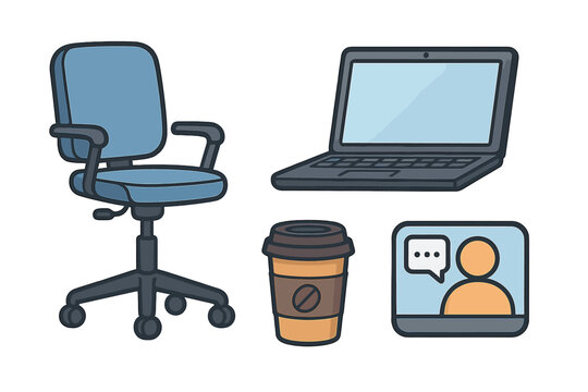Modern office workspace essentials vector illustration with ergonomic office chair, open laptop, takeaway coffee cup, virtual meeting computer screen, business productivity tools, home office concept