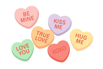 Sweetheart candy hearts isolated on white background, Valentine’s Day conversation sweets, romantic sugar treats with love messages, colorful heart-shaped candies vector illustration