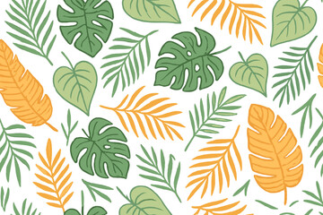 Obraz premium Seamless tropical leaf pattern, vibrant retro jungle foliage illustration, palm, monstera and banana leaves, green and orange hand drawn botanical vector, nature background, exotic summer wallpaper