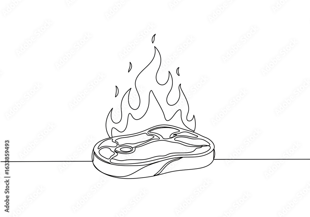 Poster outline drawing of a steak with flames above it on a white background surface line