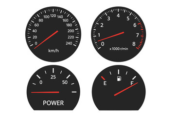Naklejka premium Car dashboard speedometer tachometer fuel gauge power meter set, vector automotive instrument panel dials, black analog cluster, realistic dashboard gauges, isolated transparent auto display