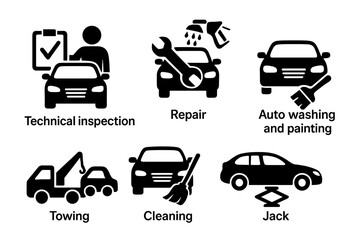 Car service and maintenance vector icons set. Technical vehicle inspection, repair, auto washing, painting, towing, cleaning, jack tool. Automobile service station concepts, repair shop symbols.