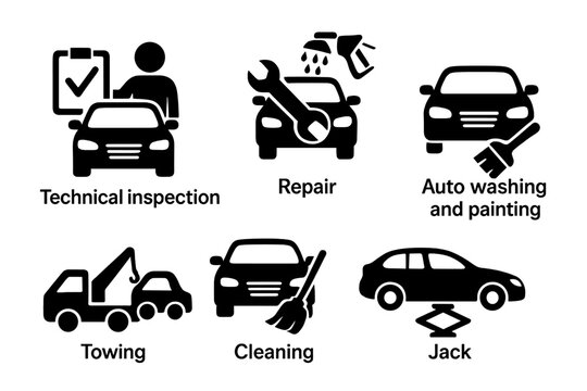 Car service and maintenance vector icons set. Technical vehicle inspection, repair, auto washing, painting, towing, cleaning, jack tool. Automobile service station concepts, repair shop symbols.