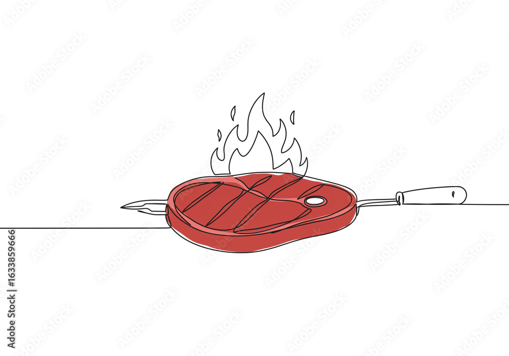 Poster a continuous line drawing of a steak on a skewer with flames on a white background