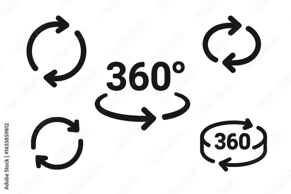 Poster 360 degree rotation arrow icons set. circular refresh, reload, and repeat arrows. panorama and full 