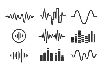 Audio sound waveforms vector set. Black linear, abstract, bar, pulse, and sinusoidal signal icons for music, voice, podcast, radio, equalizer, volume, frequency, sound design, and technology