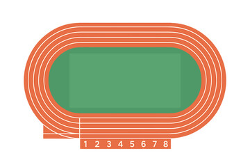 Athletics running track vector illustration. Top view sports stadium lanes. Oval outdoor field diagram. 8 lane competition racecourse for athletics, marathon, school, fitness, Olympic sports events.