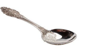 An Exquisite Antique Silver Serving Spoon with Intricate Floral Designs  Isolated on transparent background, cutout	