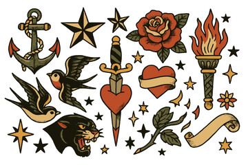 Vintage old school tattoo flash set. Anchor, dagger, heart, roses, swallows, panther head, torch, star, banner, and flower elements. Retro classic American traditional tattoo vector art