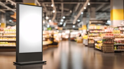 Stand billboard mockup placed inside a supermarket or grocery store