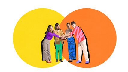 Collage of diverse team of four people touching hands in front of overlapping yellow and orange circles. Concept of creative team alignment, cross-functional collaboration, distributed team onboarding