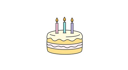 A simple cartoon illustration of a delicious birthday cake with three lit candles, perfect for celebrations and party invitations.