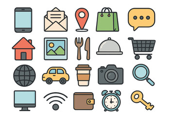 Colorful vector set of web icons for mobile, communication, shopping, delivery, technology and lifestyle. Cartoon style symbols for app, website, UI, services, business, internet, social media