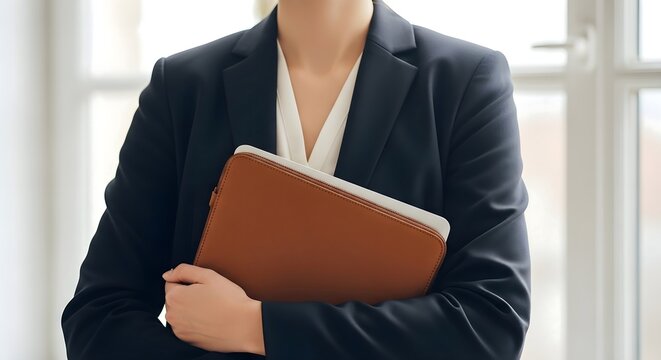 Modern Professional Poise: Woman in a Dark Suit Holding a Leather Tech Portfolio