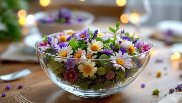 A clear bowl filled with colorful daisies and lavender sits on a wooden table with bokeh lights