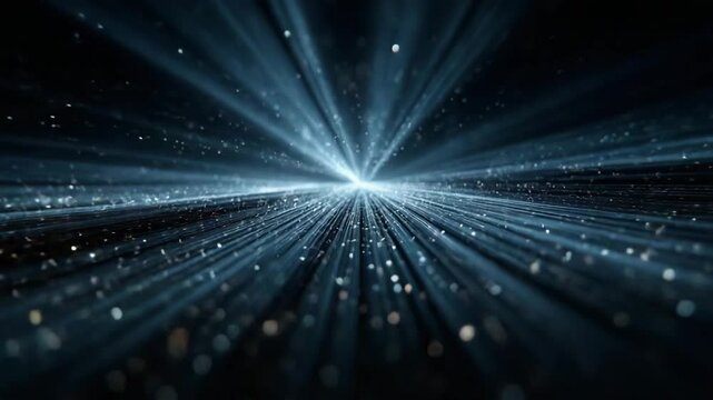 Abstract light burst with glowing particles in space on dark background. 