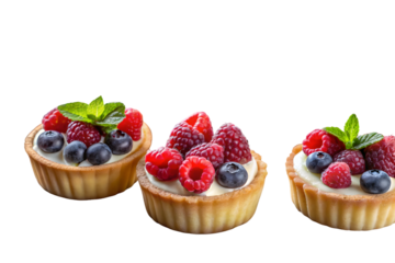 Delicious desserts with berries and raspberries isolated on transparent background