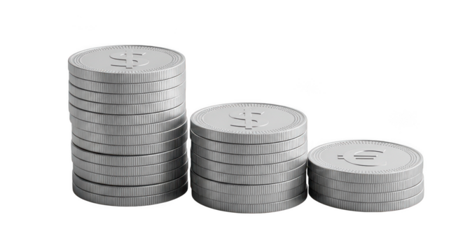 Three stacks of silver coins isolated on transparent background