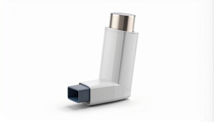 Blue asthma inhaler standing upright isolated on white background for respiratory healthcare and wellness usage