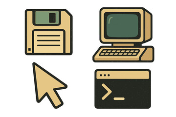 Retro computer vector icons set including floppy disk, desktop monitor, mouse cursor, and command prompt in vintage cartoon style. Classic tech symbols. 80s 90s technology illustration isolated.