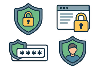 Cybersecurity Shield Icons Collection. Data Protection, Secure Login, Password Safety, Online Privacy, User Verification, Digital Security Vector Set. Cartoon Flat Illustrations Isolated Transparent