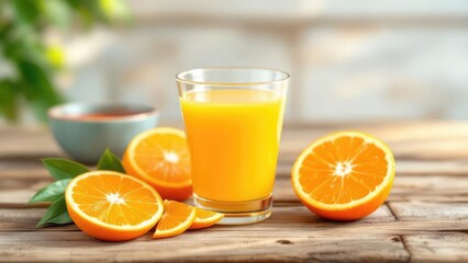 A glass of fresh orange juice with sliced oranges on a wooden table in a bright and sunny setting