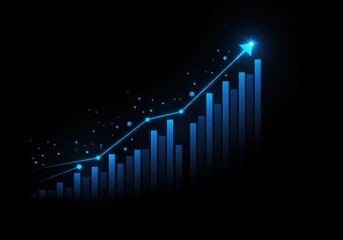 A glowing blue line graph and bar chart indicating upward financial growth and business progress on a dark background