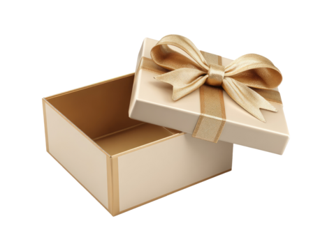 Open gift box with gold ribbon bow.  Cream-colored box, open top, showing empty interior.  Gold-colored ribbon tied in a bow on top