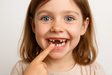 Young girl with missing front teeth smiles broadly while pointing to her gap in a bright setting