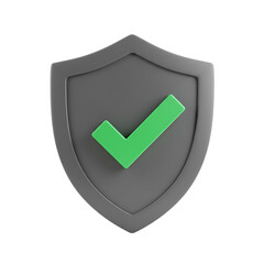 3d rendering of a shield with a check mark, symbolizing security, protection, and verification on transparent background
