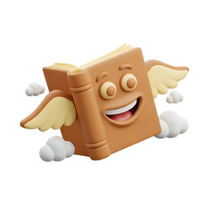 A cartoon book character with wings flying through the clouds, representing knowledge and learning on transparent background