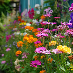 Fototapeta premium Vibrant garden with a variety of colorful flowers including pink and orange daisies and yellow blooms
