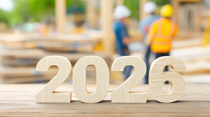 Year 2026 Wooden Numbers on a Table with Construction Workers in the Background at a Busy Building Site
