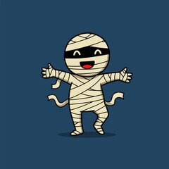 Smiling cartoon mummy wrapped in beige bandages with loose ends, yellow eyes, red tongue, arms outstretched, on a dark blue background.